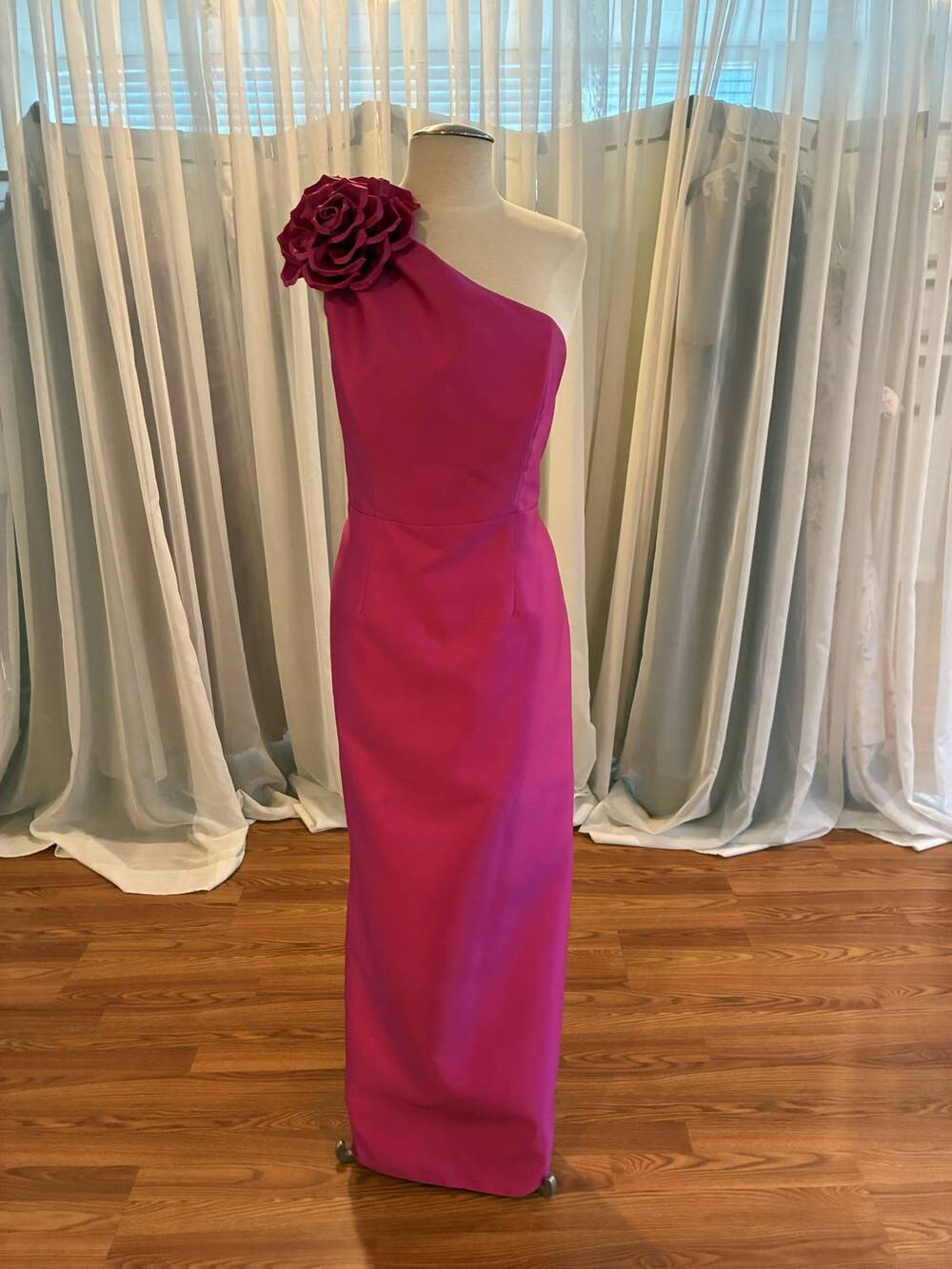 NEW DESSY alfred sung flower one-shoulder column gown in pink